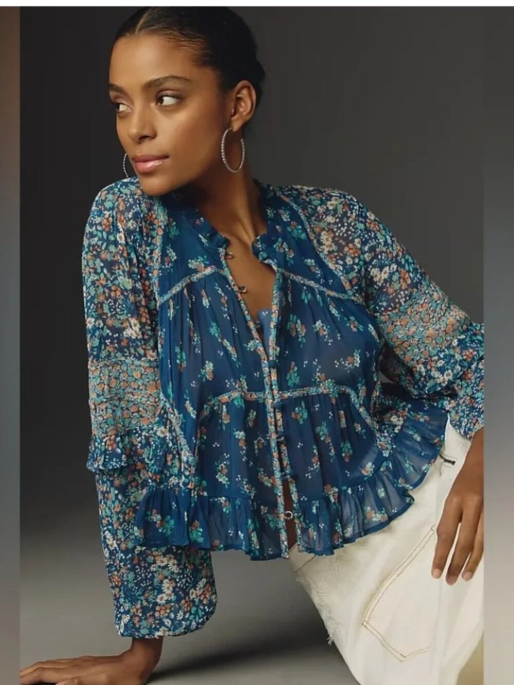 Boho Floral Peasant Blouse - Navy